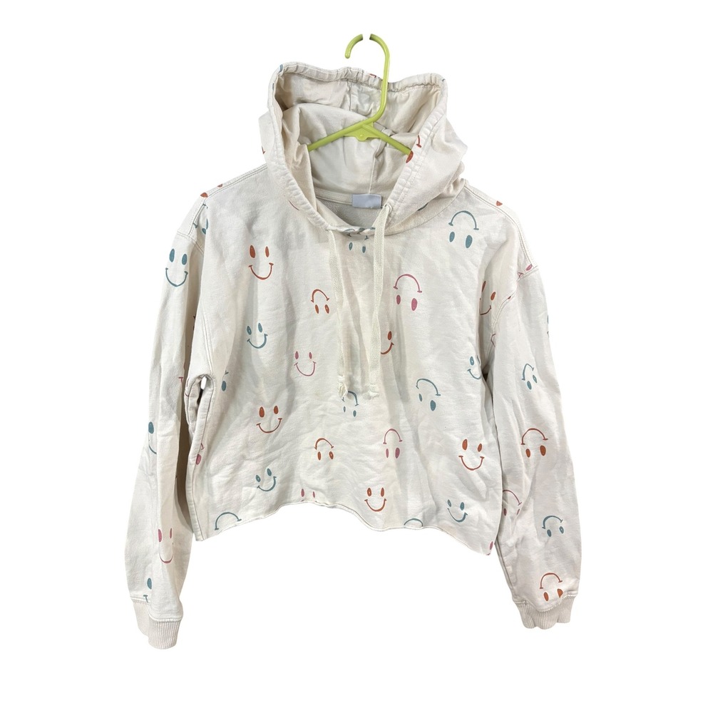 Mighty Fine Women Cream Smiley Face Print Cropped Hoodie Sweatshirt Size Medium